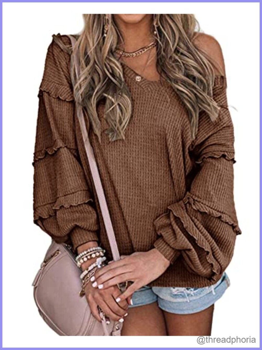 Waffle Knit Tunic Top Off Shoulder V Neck Ruffles Sleeve